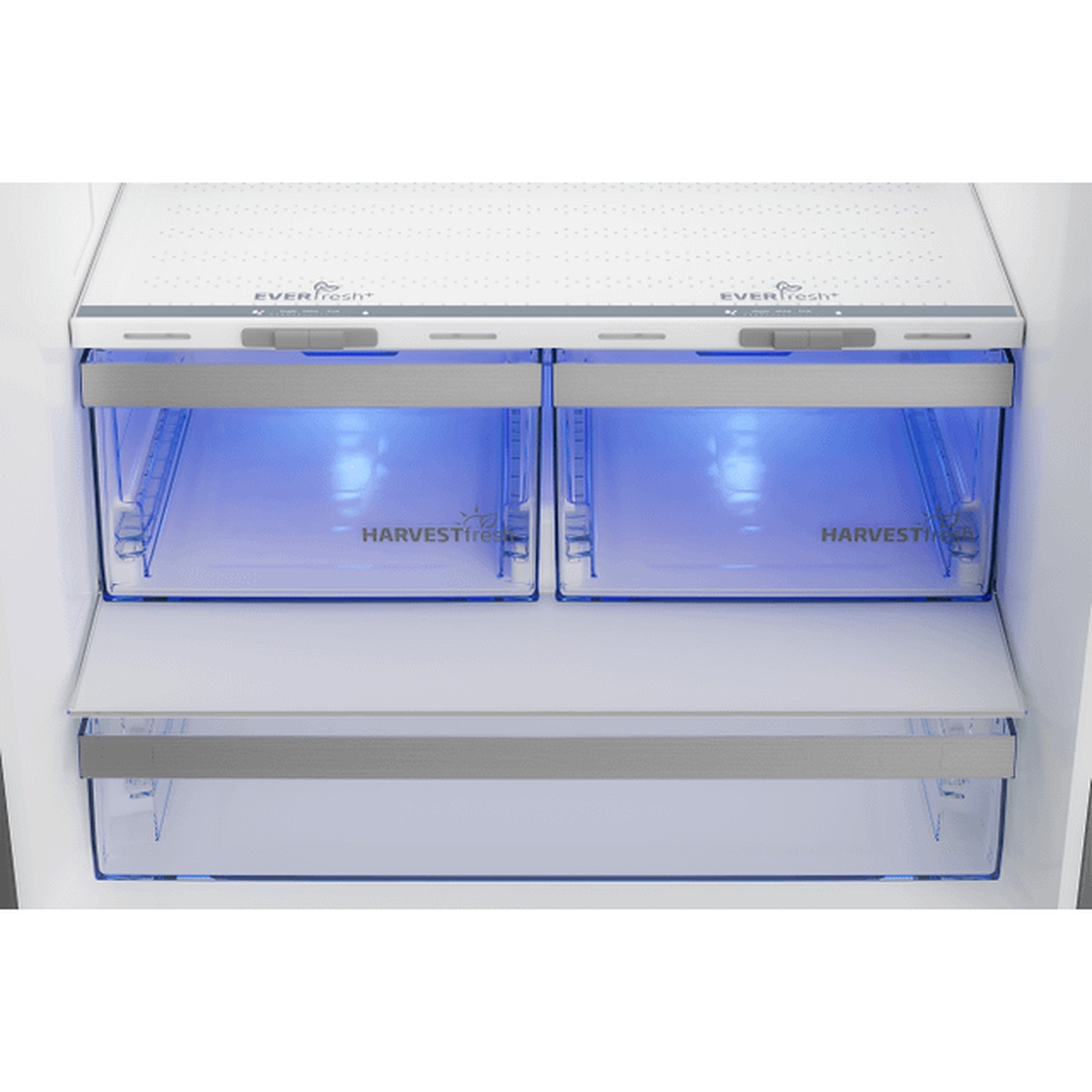 Close-up of HarvestFresh crisper drawers with blue interior light