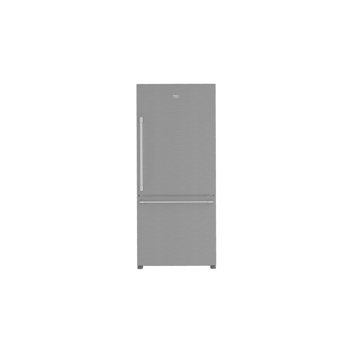 Front view of Beko stainless steel bottom freezer refrigerator