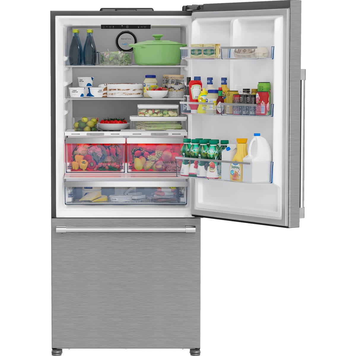 Open refrigerator showing shelves, door bins, and bottom freezer drawer