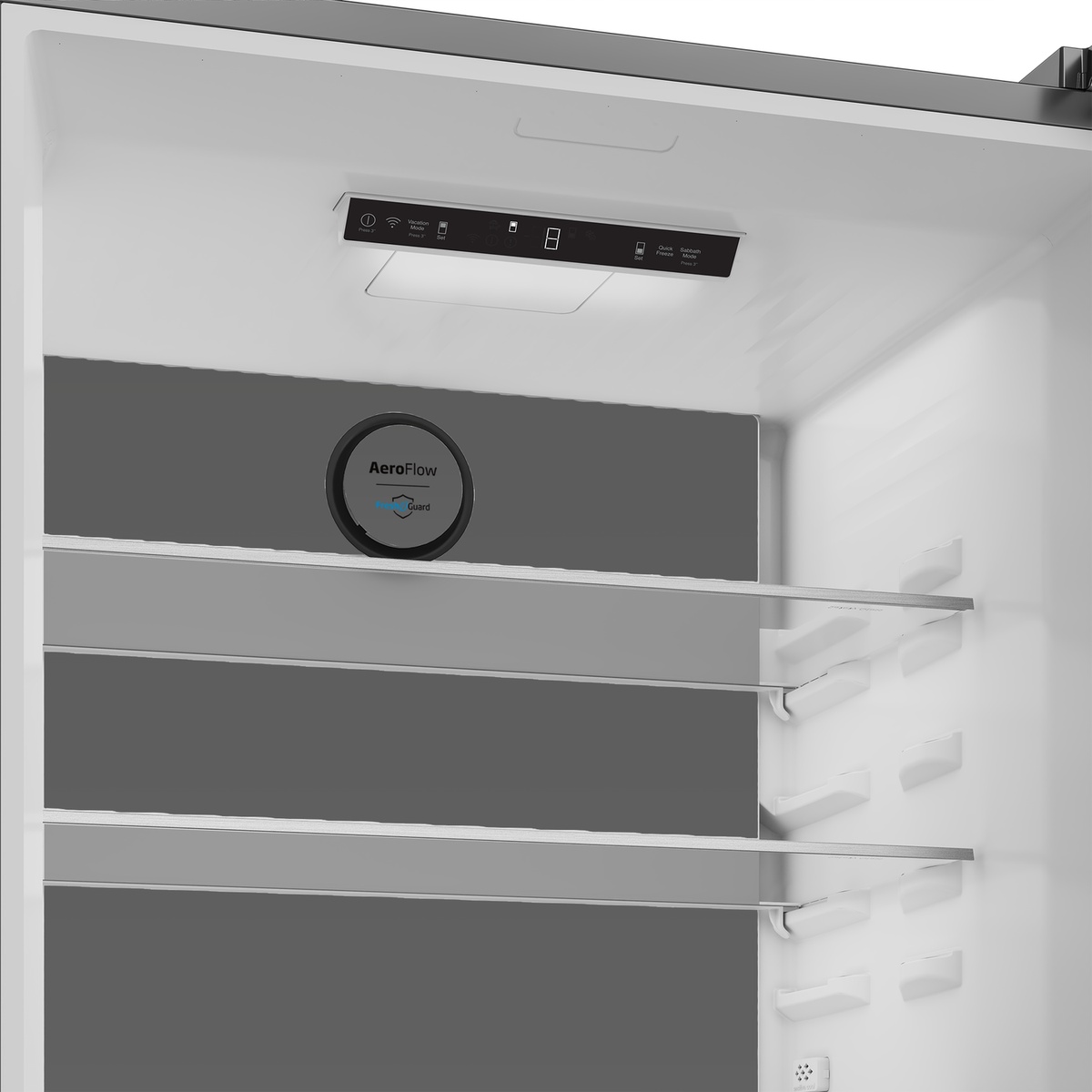 Top interior control panel and glass shelves inside refrigerator