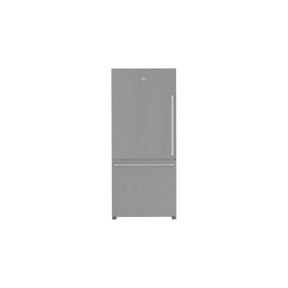 Front view of stainless steel Beko bottom-freezer refrigerator with long vertical handle