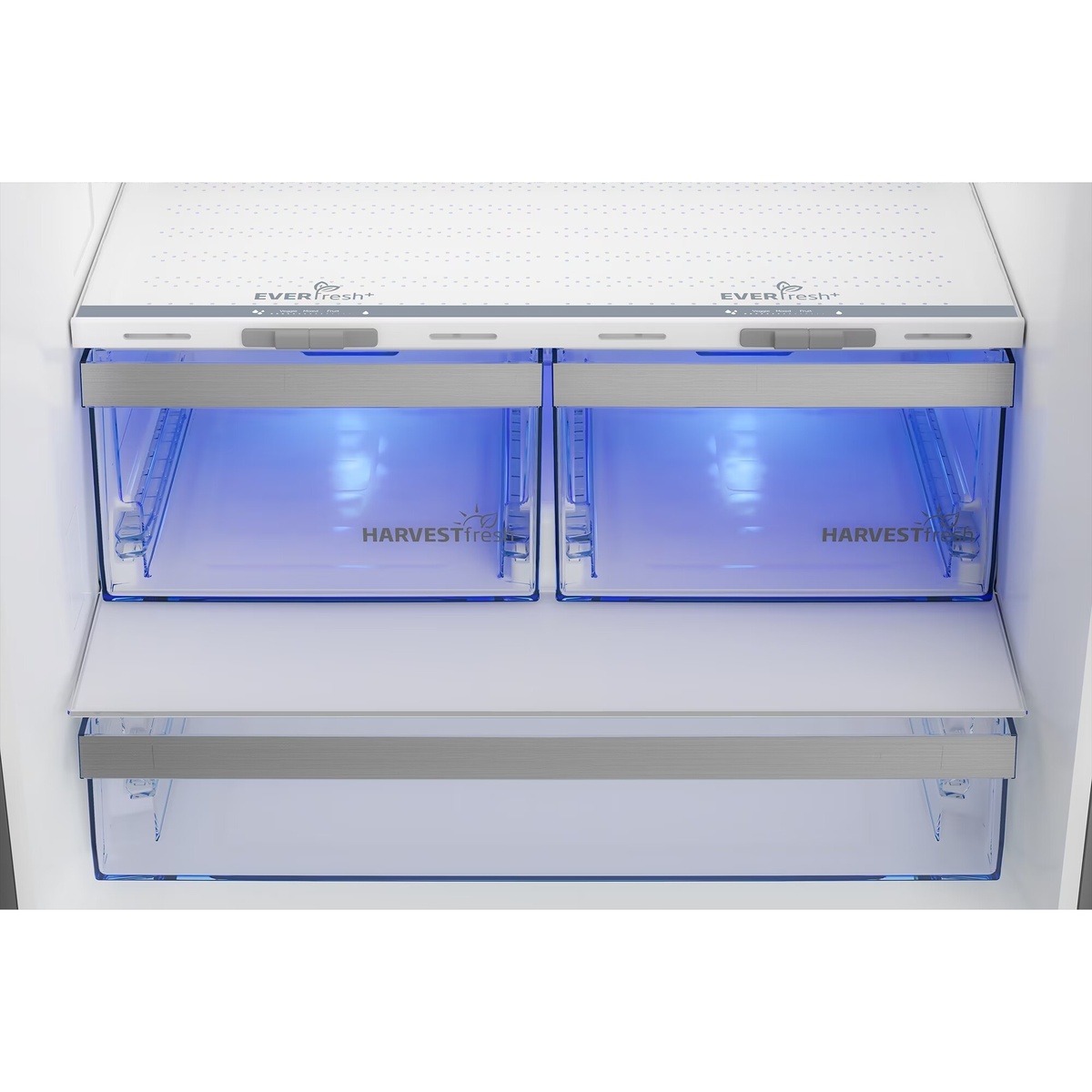 Close-up of HarvestFresh crisper drawers inside refrigerator