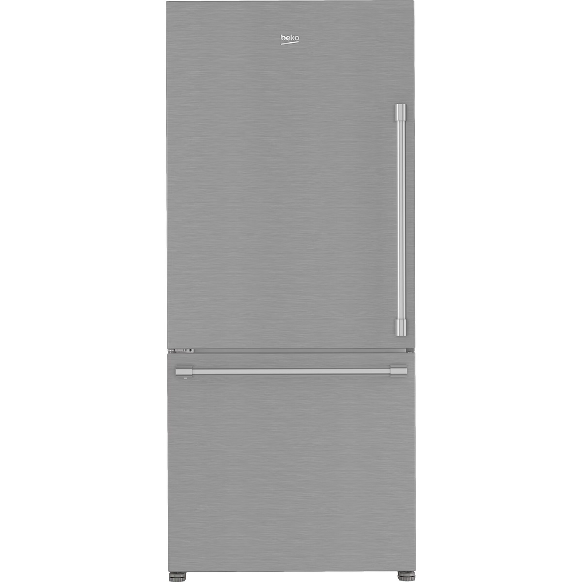 Front view of Beko stainless steel bottom-freezer refrigerator