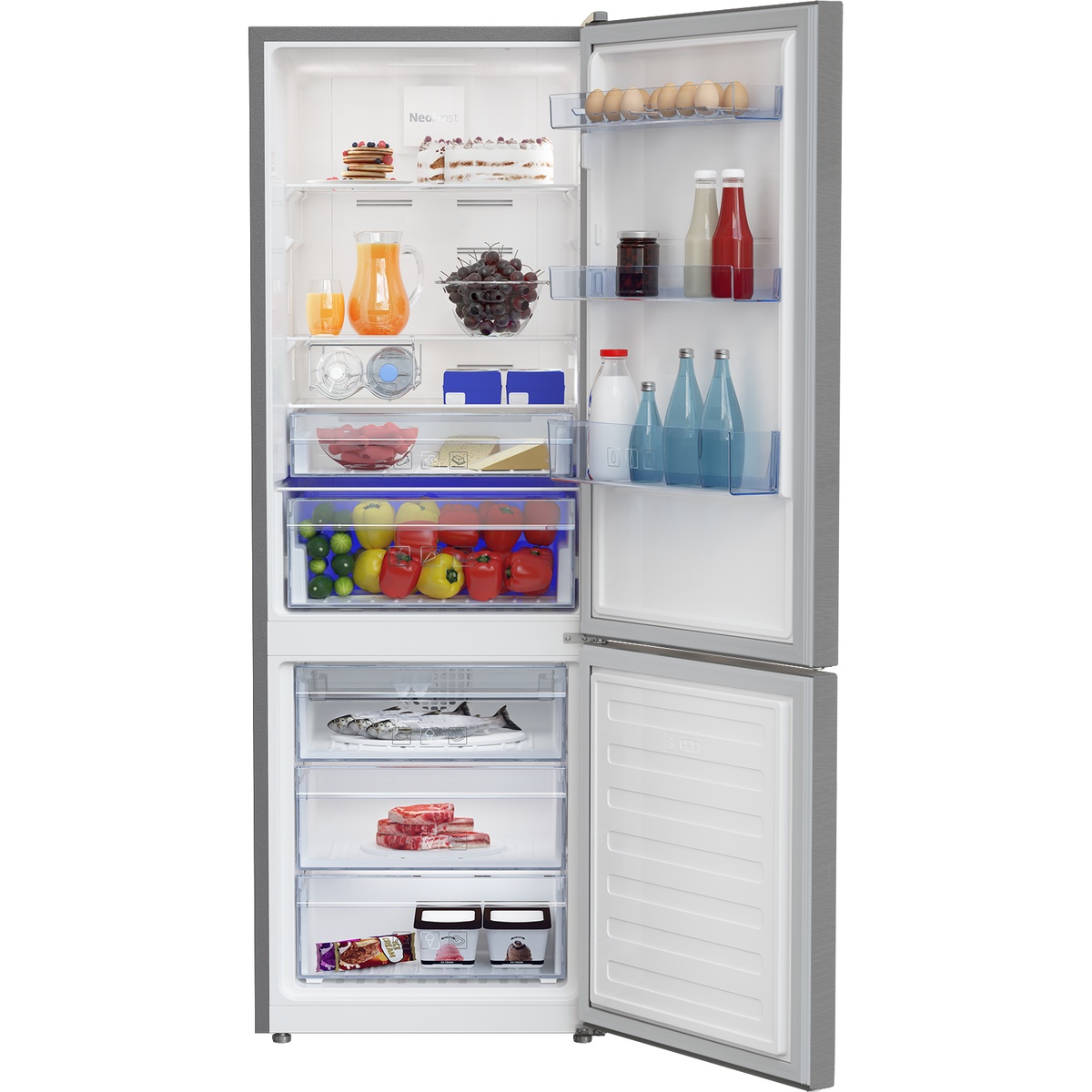 Open refrigerator showing shelves, door bins, crisper drawer, and bottom freezer drawers