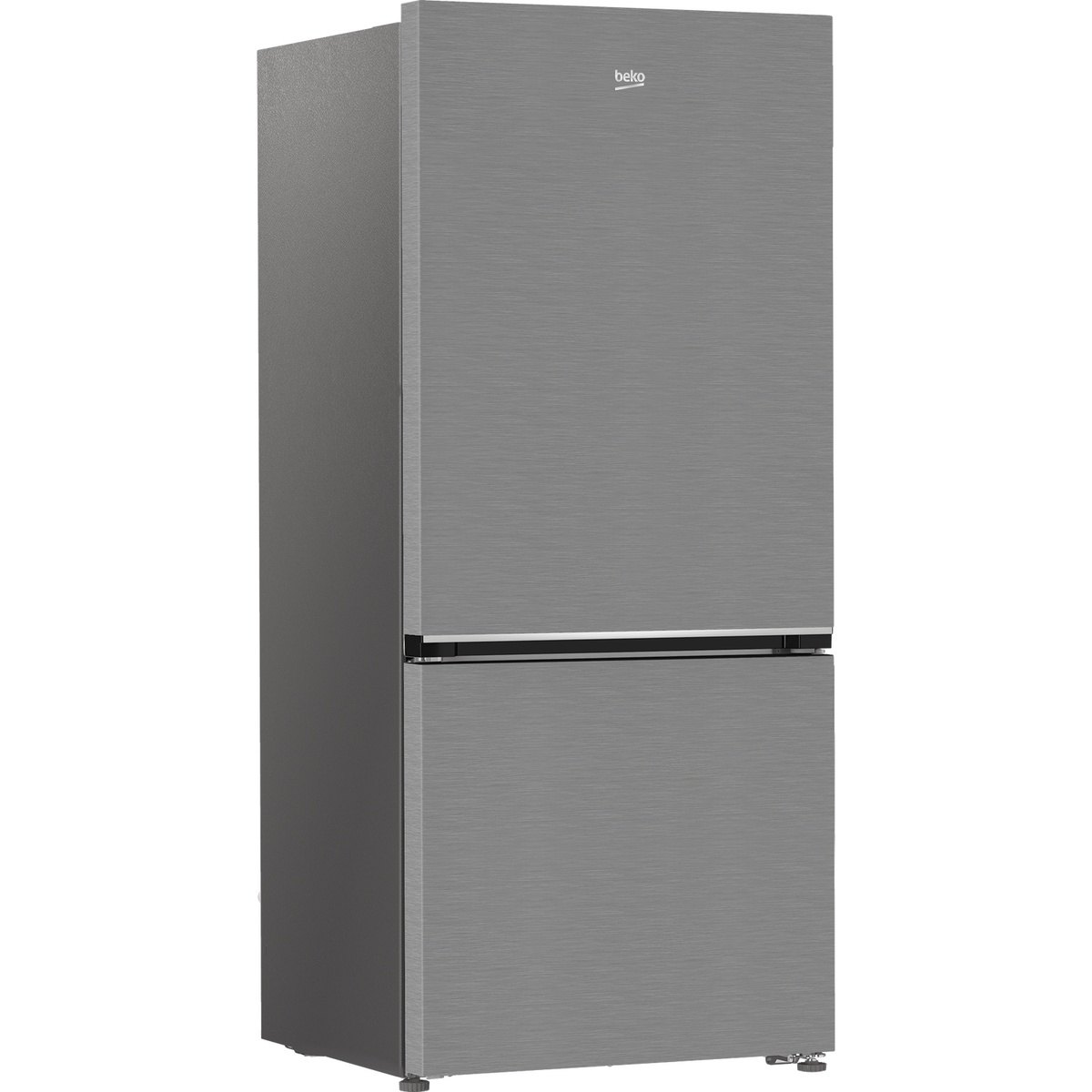 Angled front view of stainless steel Beko bottom-freezer refrigerator