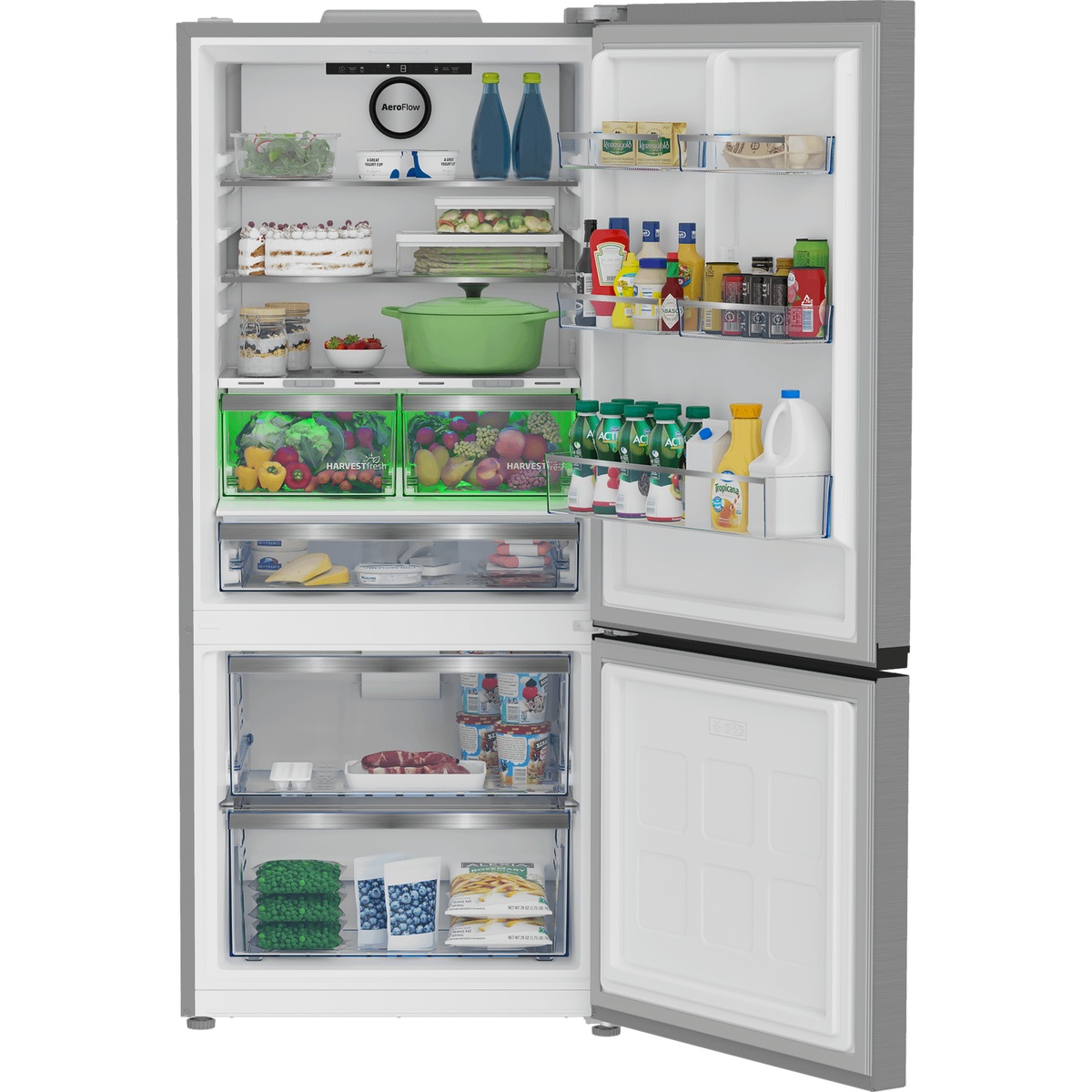 Open Beko bottom-freezer refrigerator showing shelves, door bins, crispers, and freezer drawers