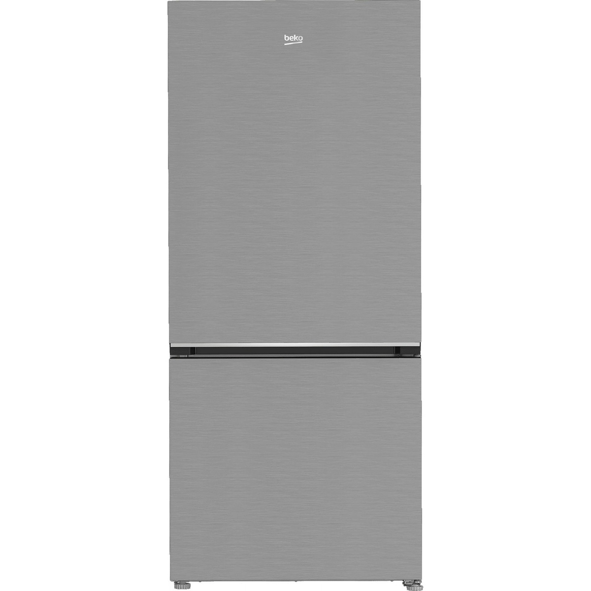 Front view of a Beko stainless steel bottom freezer refrigerator
