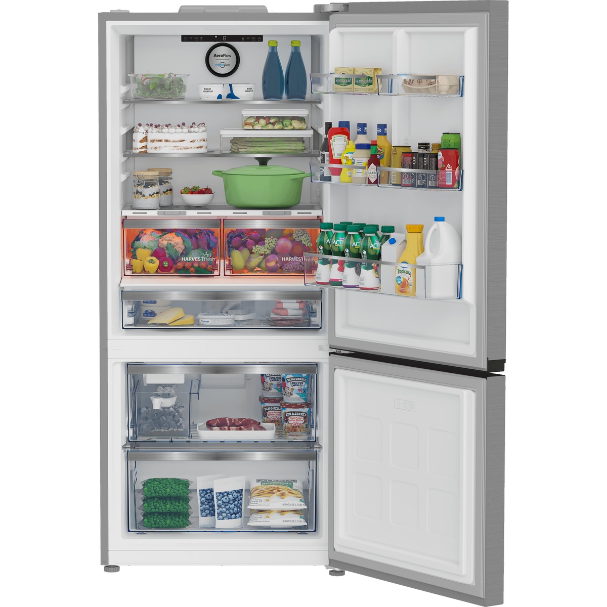 Open refrigerator showing glass shelves, door bins, crispers, and bottom freezer drawers