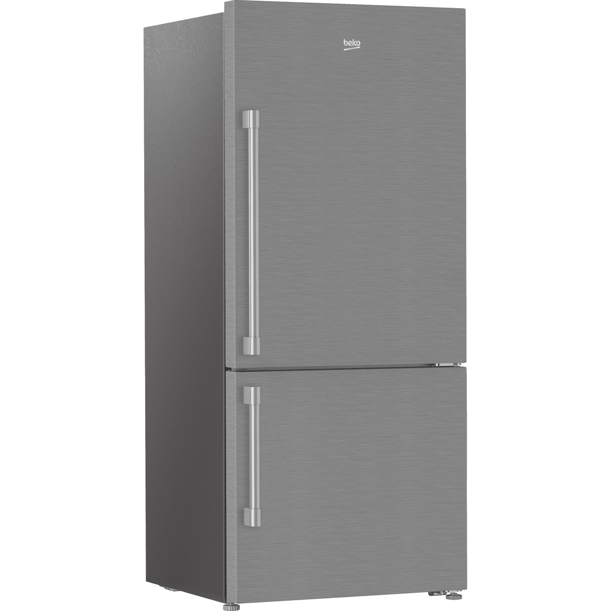 Angled view showing the side depth of the stainless bottom-freezer refrigerator