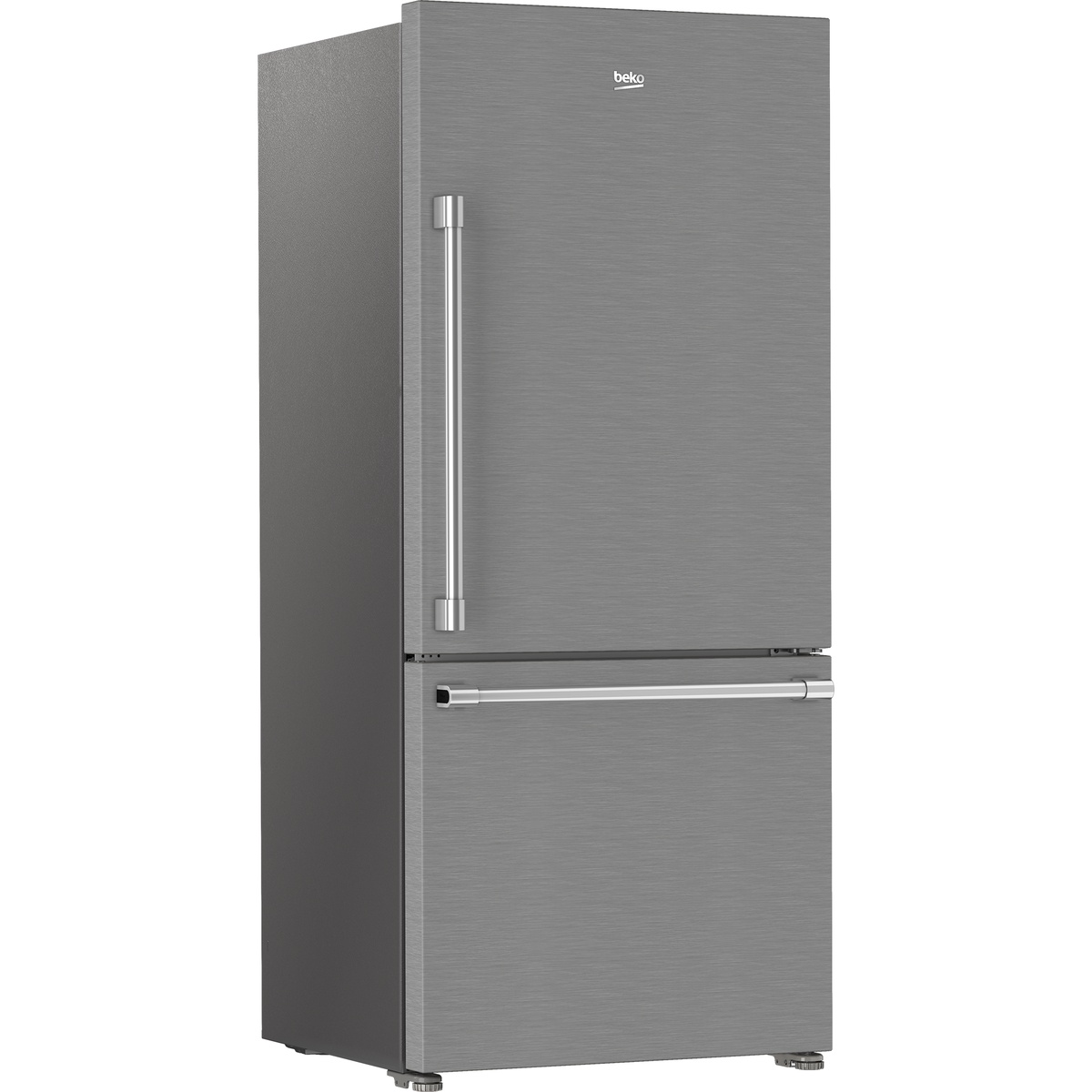 Angled view of a stainless bottom-freezer refrigerator with bar handles
