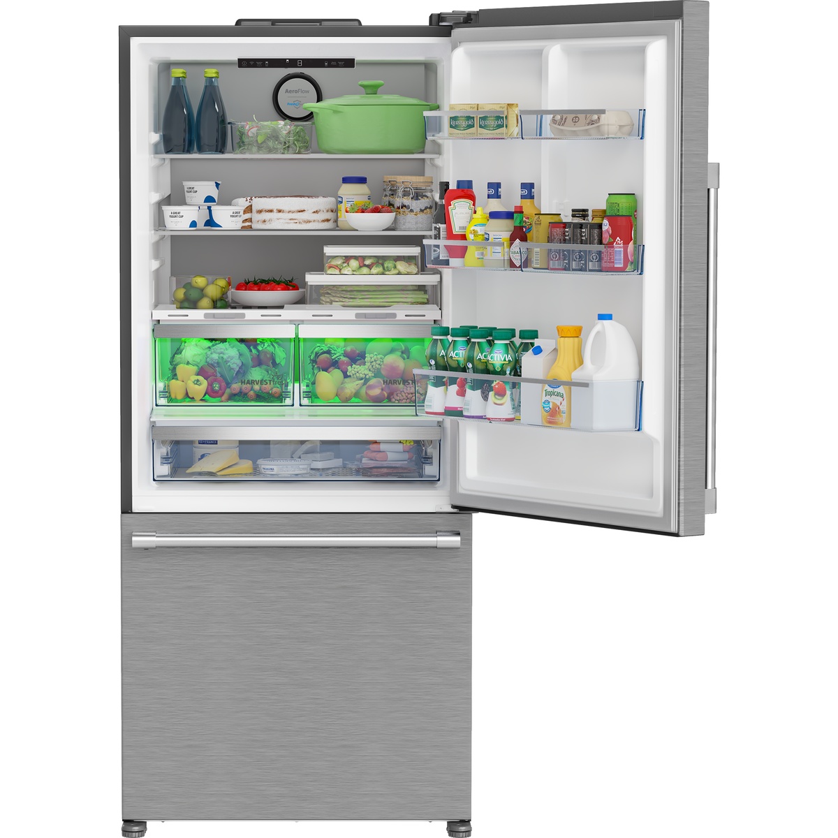 Open refrigerator interior showing shelves, door bins, and illuminated produce crispers