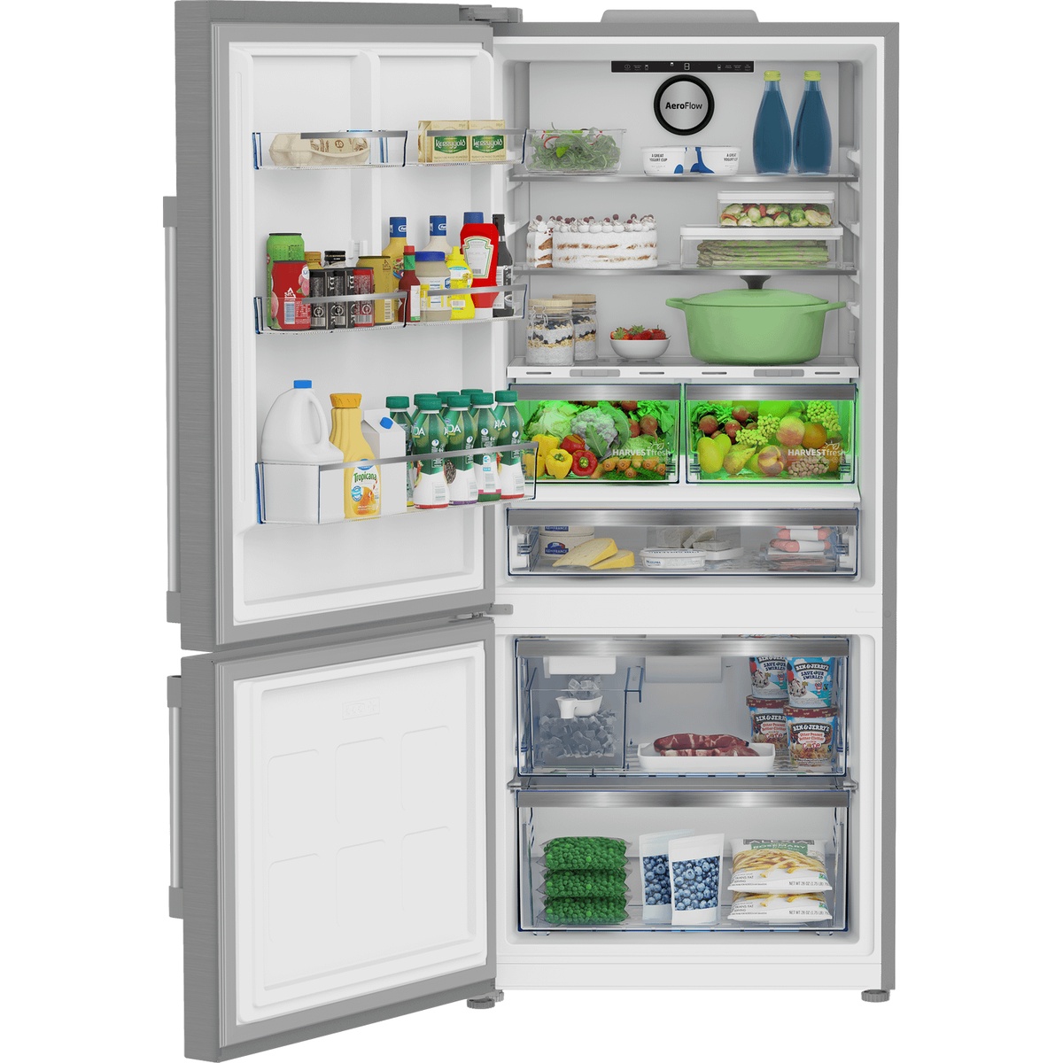 Open refrigerator showing shelves, door bins, produce drawers, and bottom freezer drawers