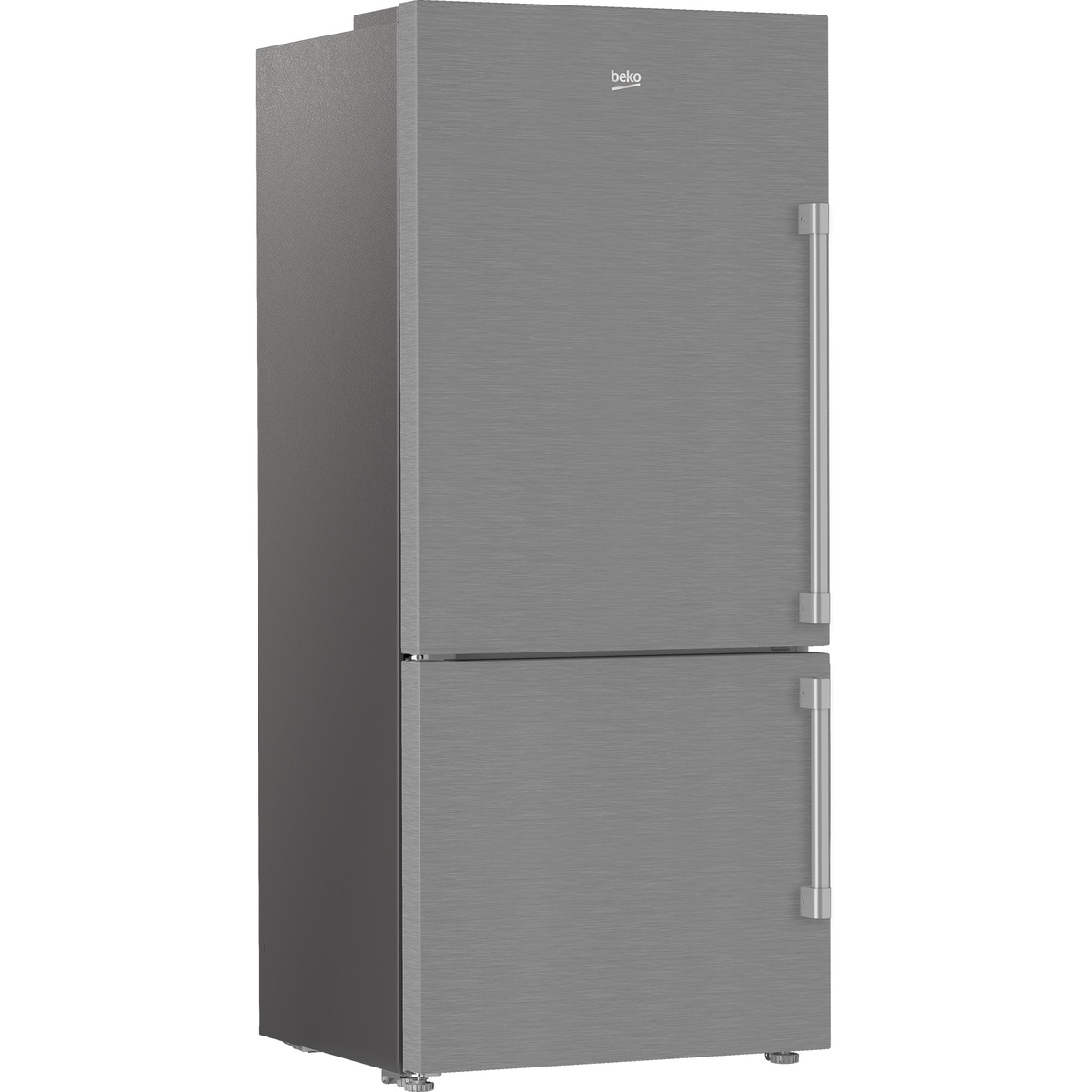 Angled exterior view of Beko fingerprint-free stainless steel bottom freezer refrigerator with long vertical handles