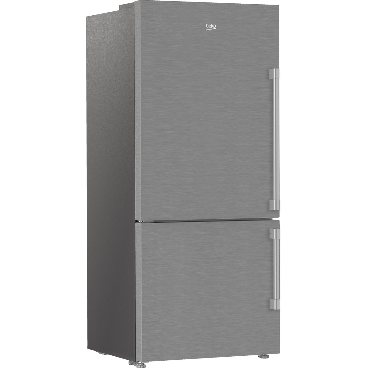 Front view of stainless steel Beko bottom-freezer refrigerator