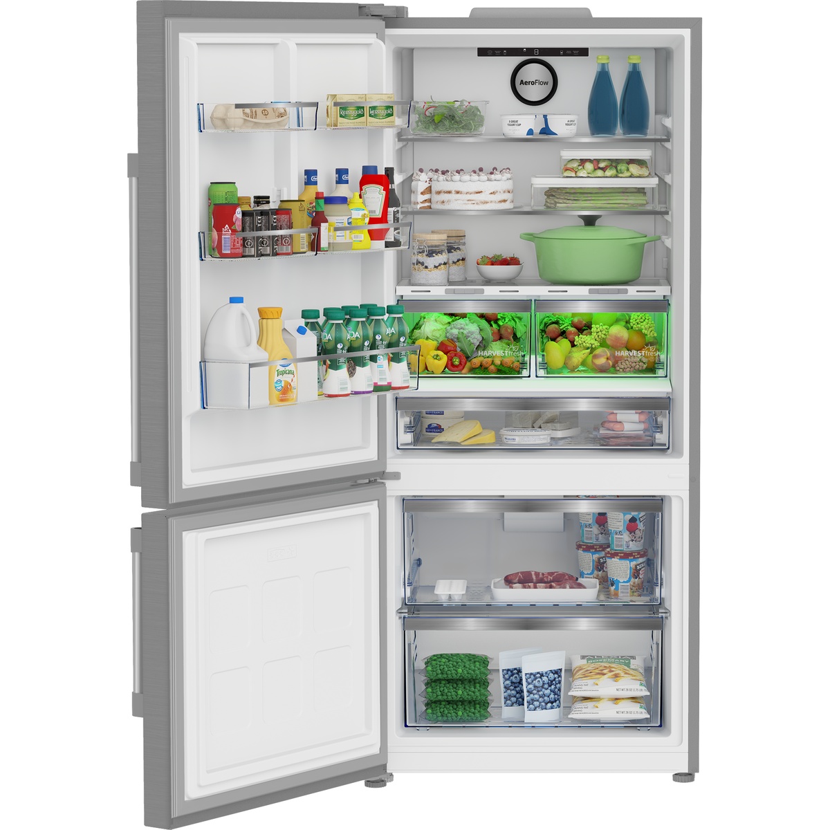 Open refrigerator showing shelves, door bins, produce drawers, and bottom freezer drawers