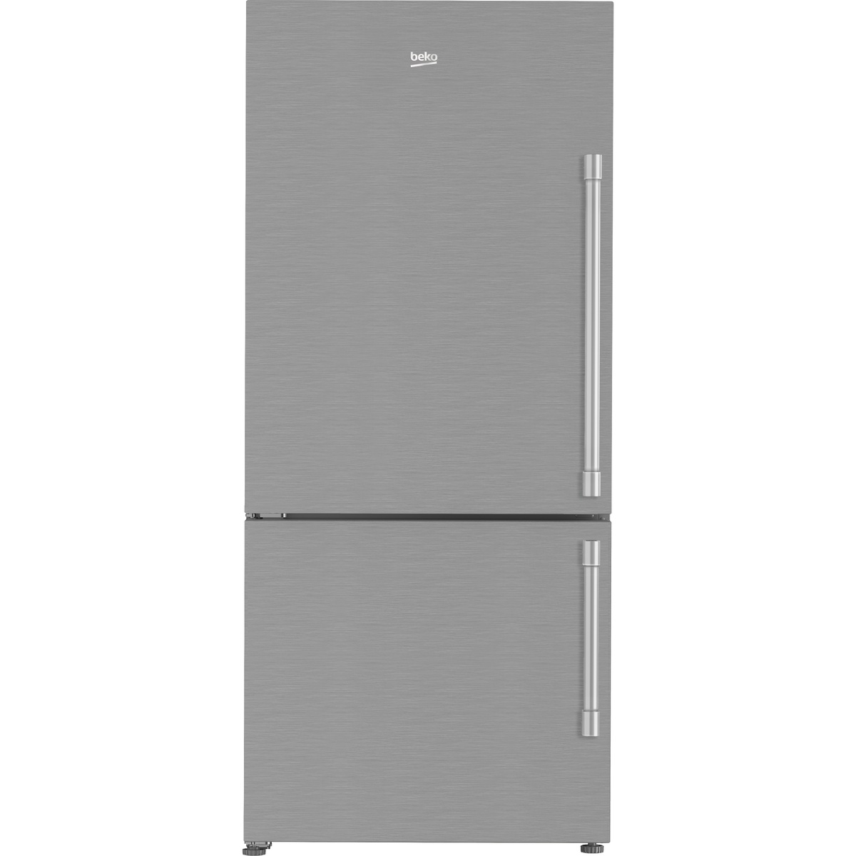 Front view of stainless bottom-freezer refrigerator with long vertical handles