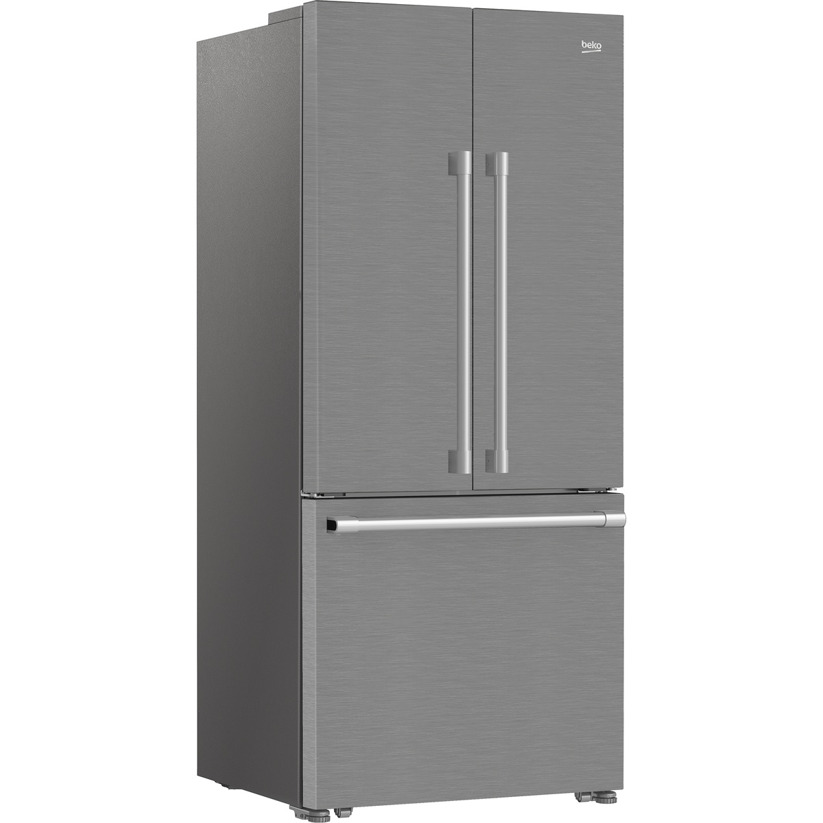 Angled view of stainless steel French door refrigerator with bottom freezer drawer