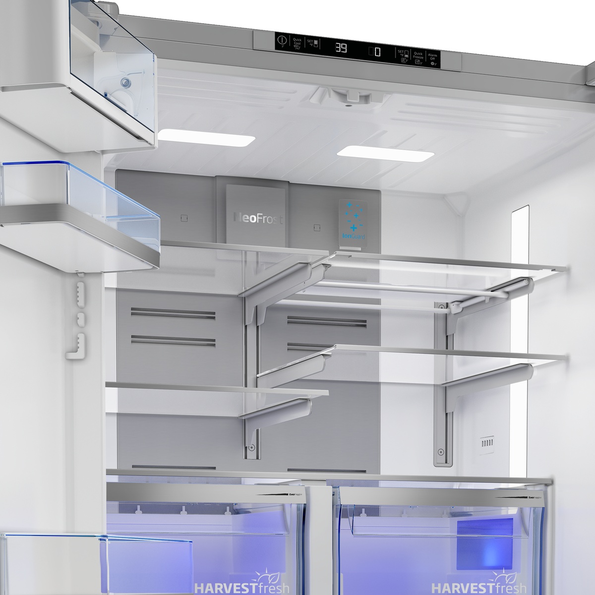 Close-up of interior top control panel and bright refrigerator lighting