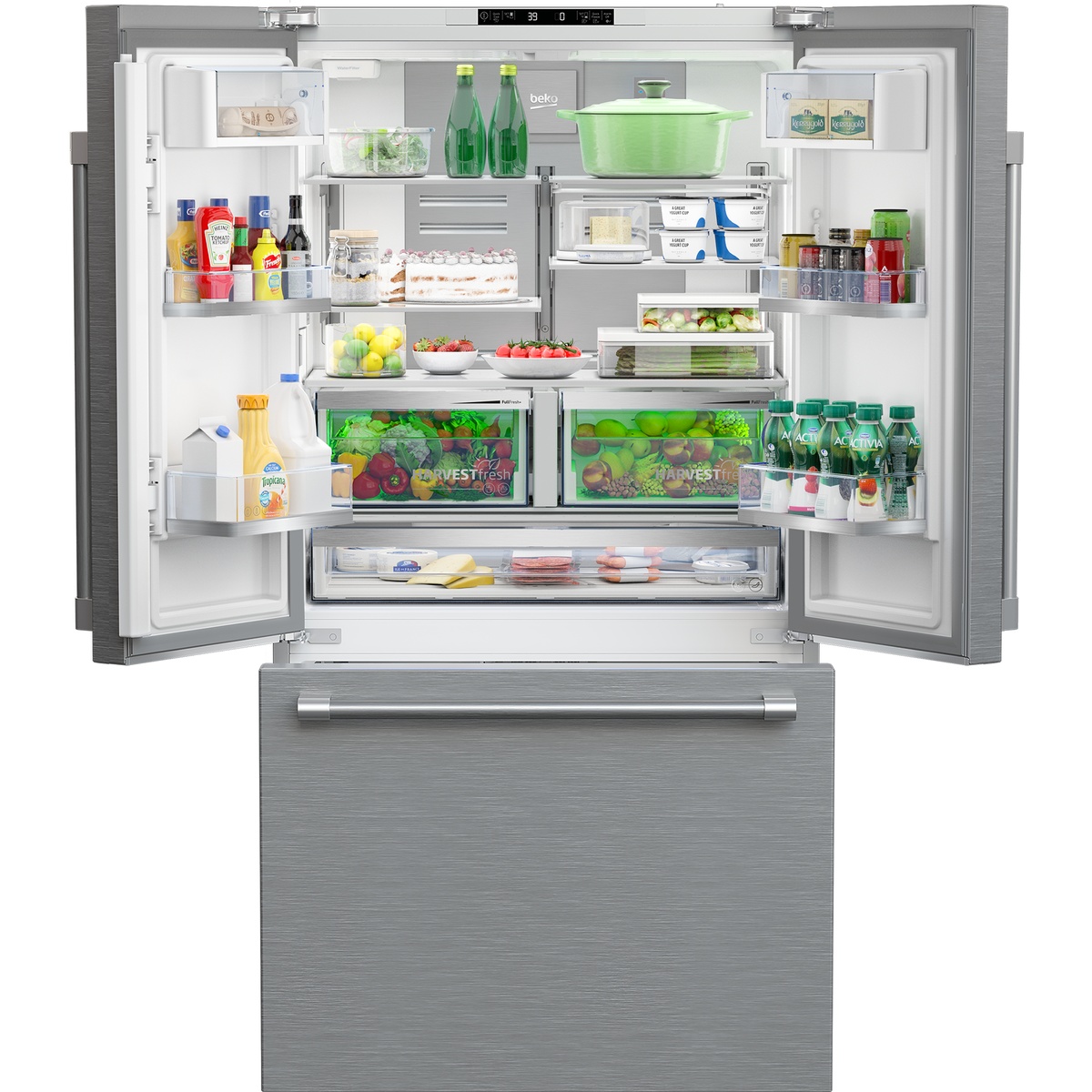 Open Beko refrigerator interior showing shelves, door bins, and HarvestFresh produce drawers