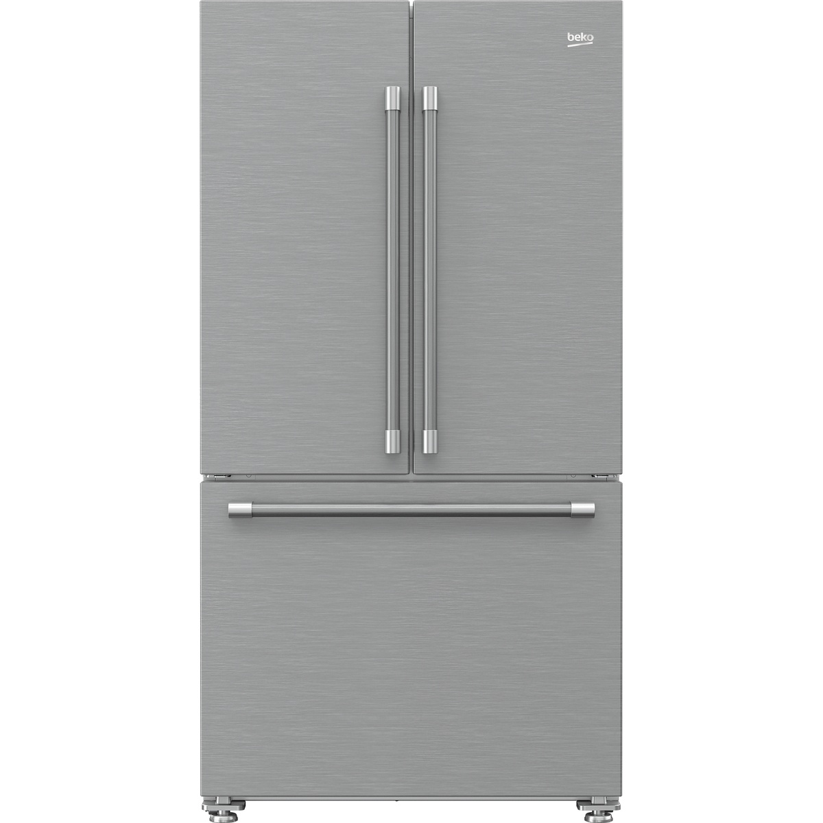 Front view of a stainless steel Beko french door refrigerator with bottom freezer drawer