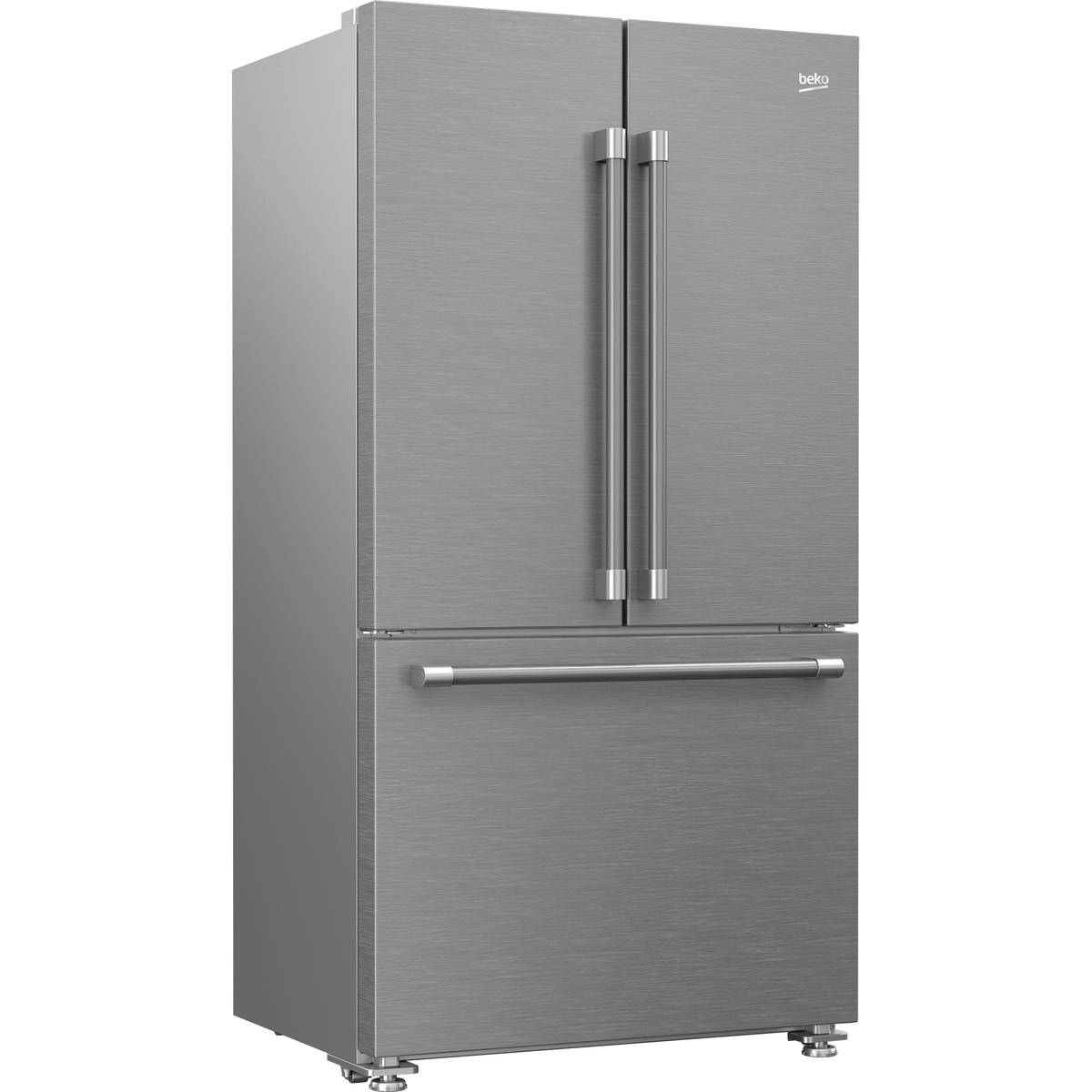 Angled view of a stainless steel Beko french door refrigerator showing cabinet depth profile and handles
