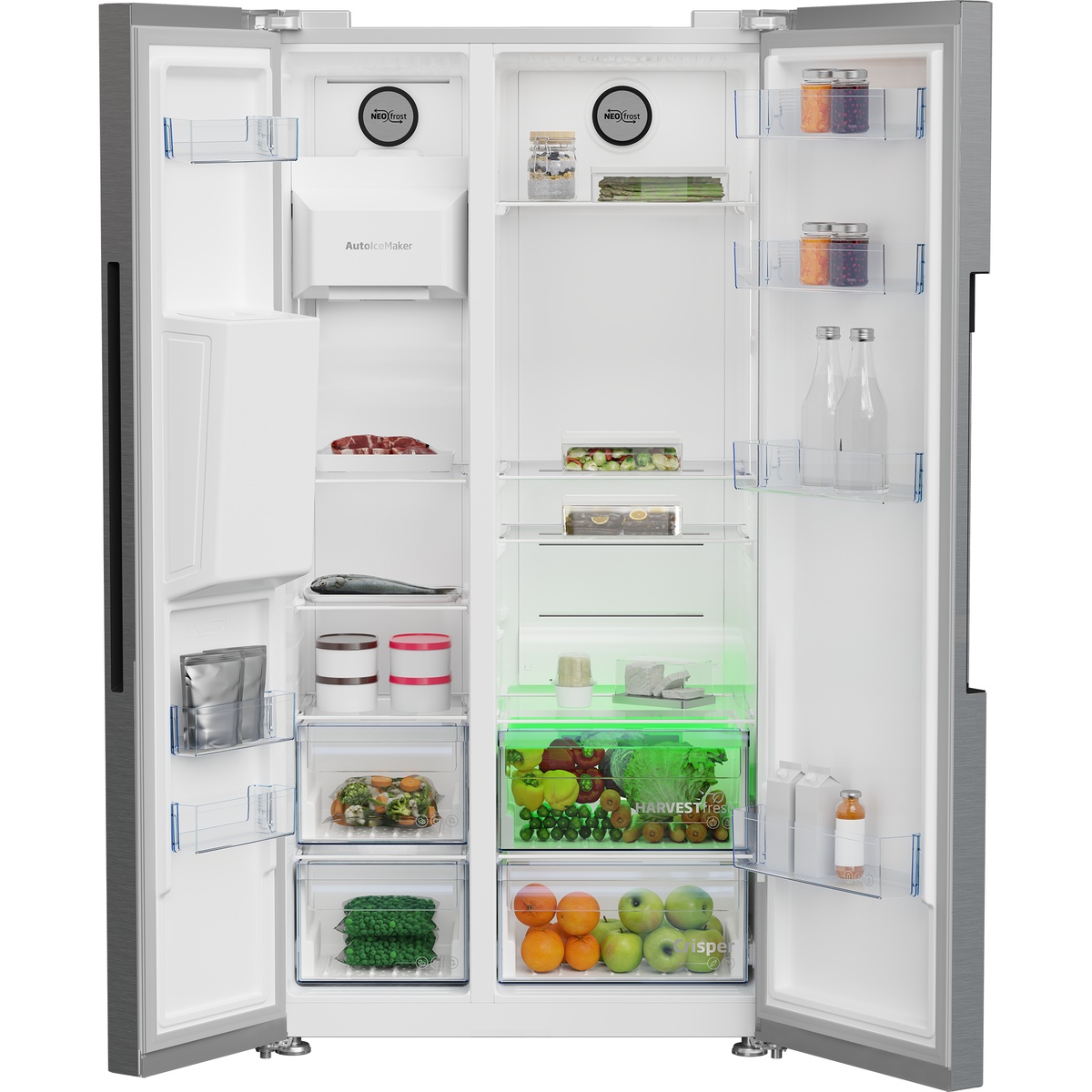 Open refrigerator interior highlighting produce drawers with colored lighting