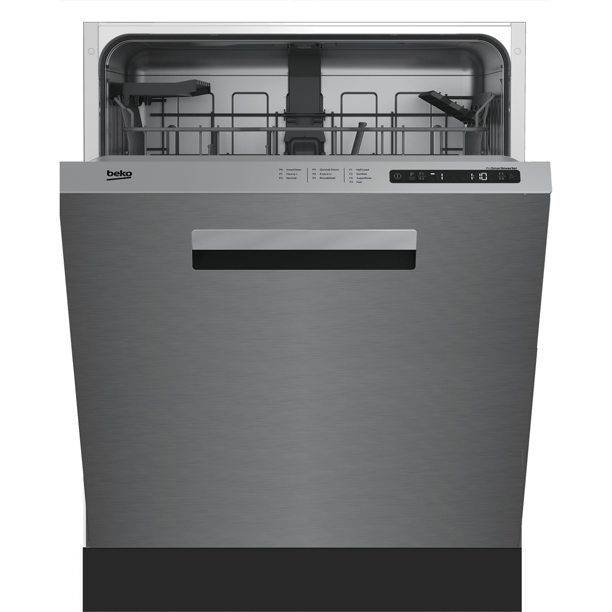 Front view of stainless built-in dishwasher with top control panel
