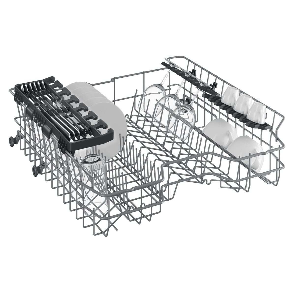 Dishwasher rack with spaces for plates, glasses, and cups