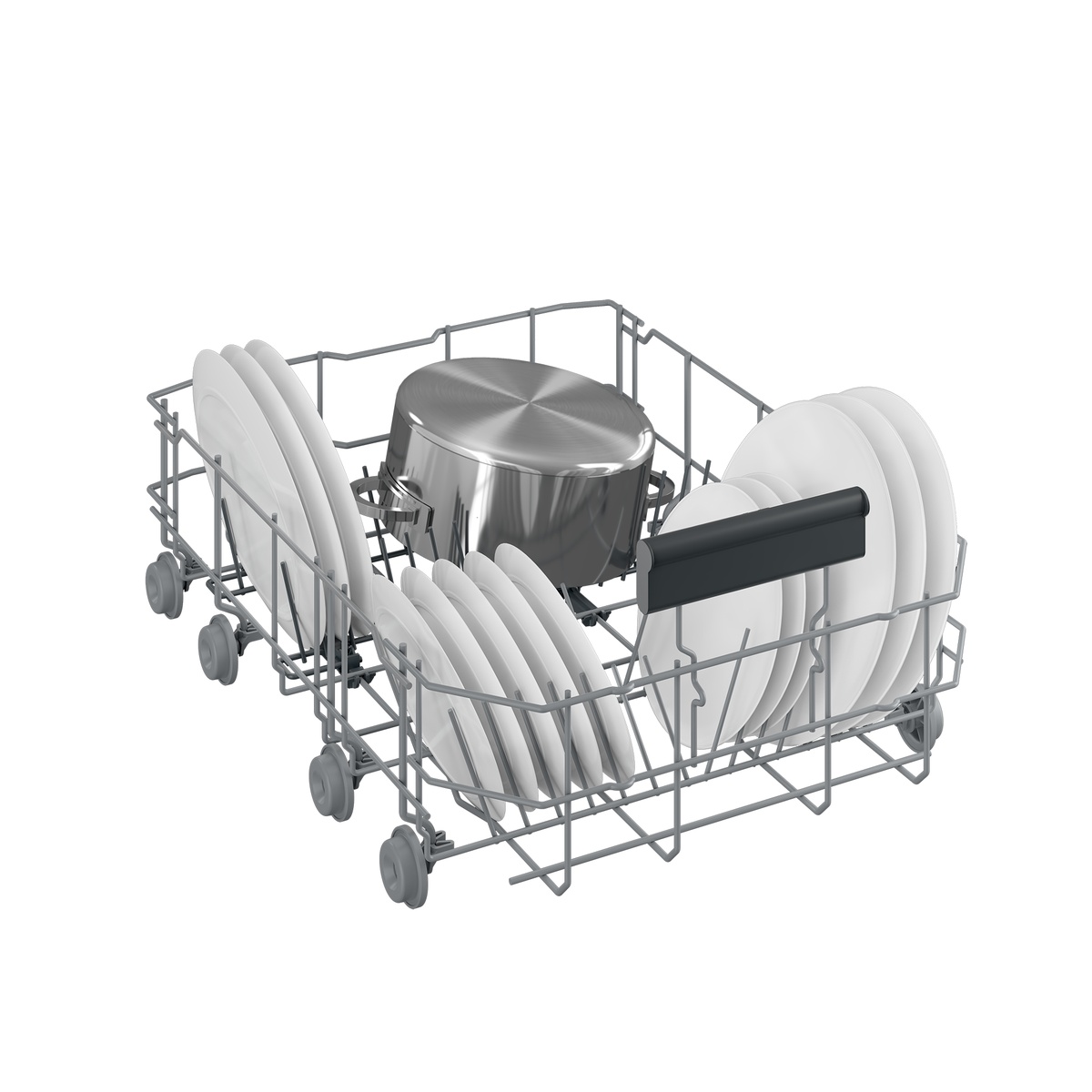 Dishwasher lower rack loaded with plates and a pot