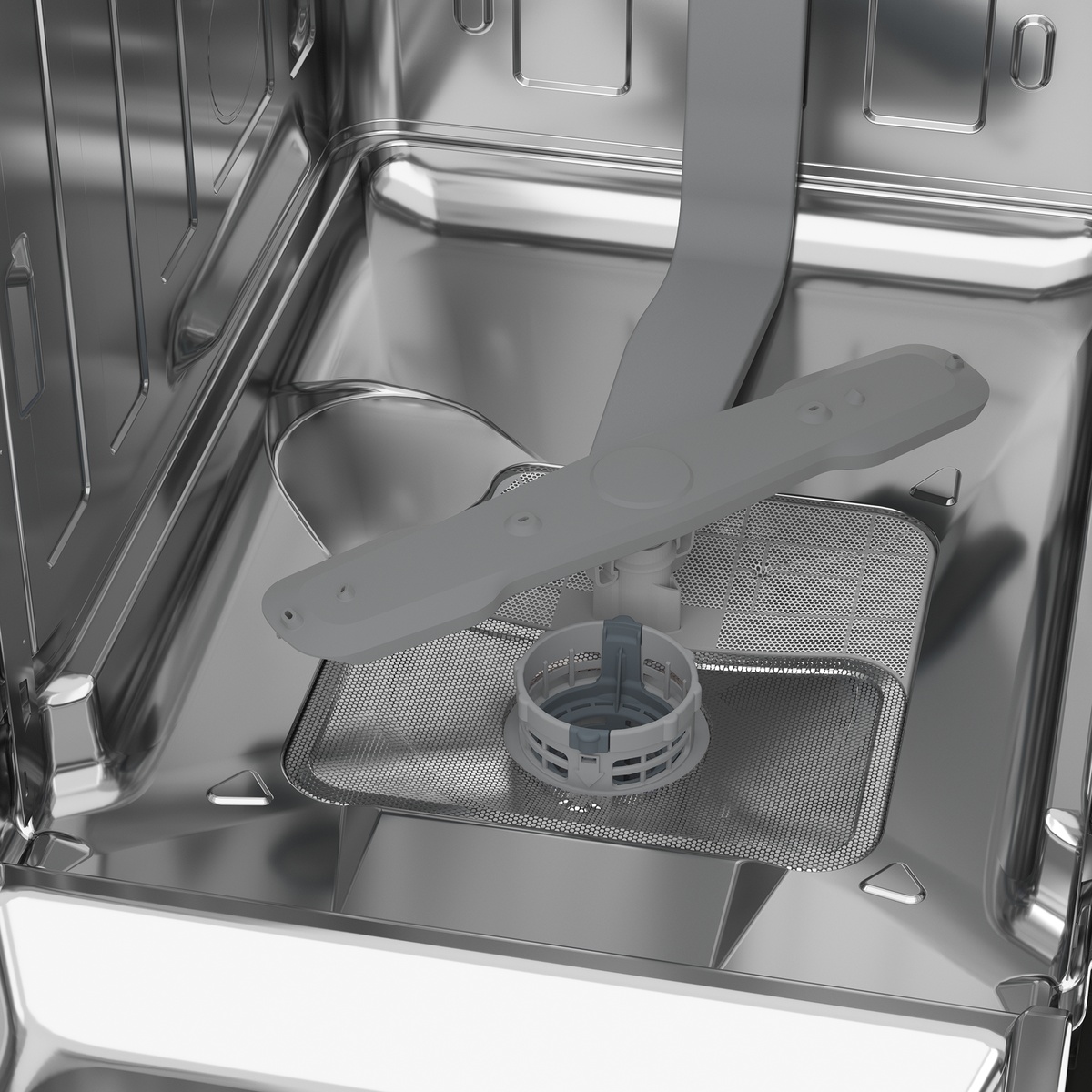 Close-up of the dishwasher interior base with spray arm and filter area