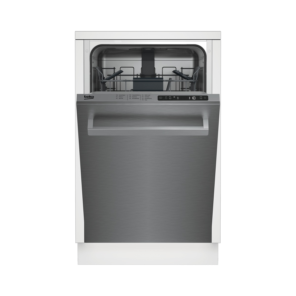 Front view of a stainless built-in dishwasher with top controls and square handle