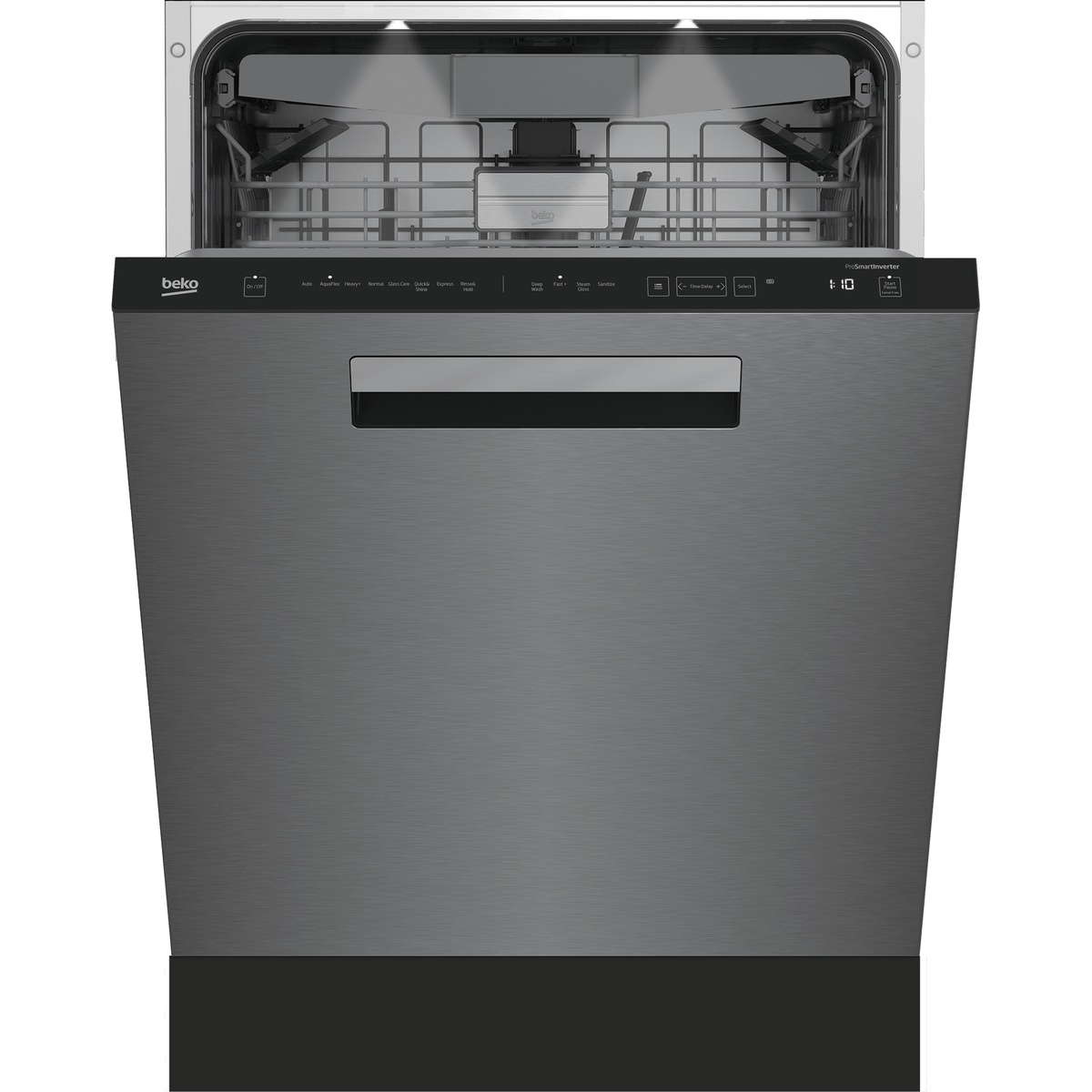 Stainless steel built-in dishwasher front with top control panel