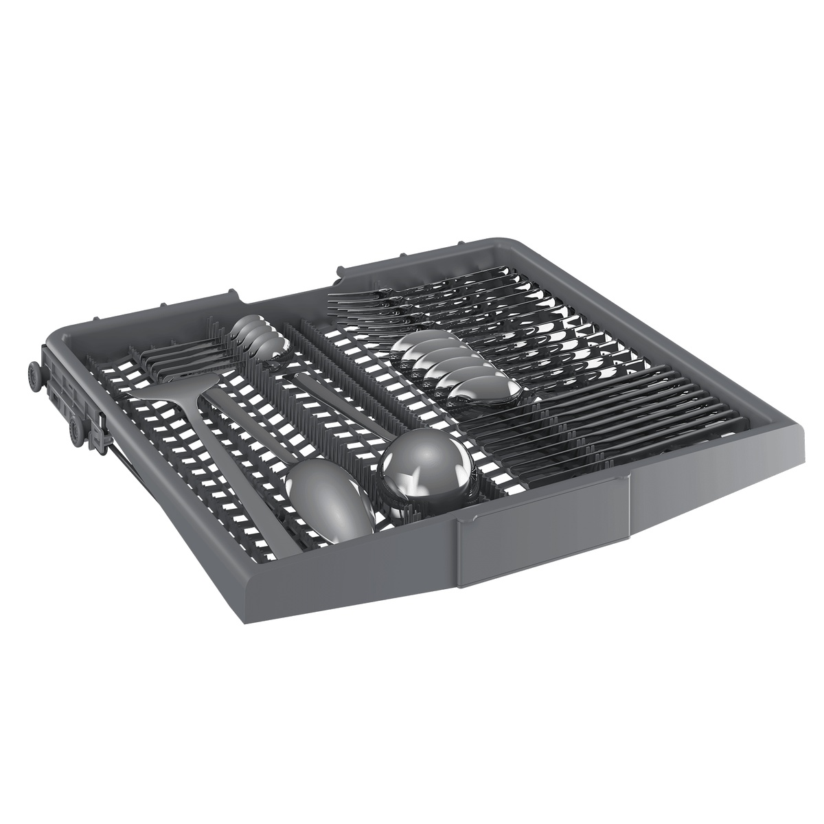 Third rack tray holding silverware and utensils