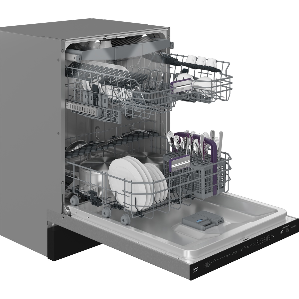 Open dishwasher showing three racks with dishes loaded