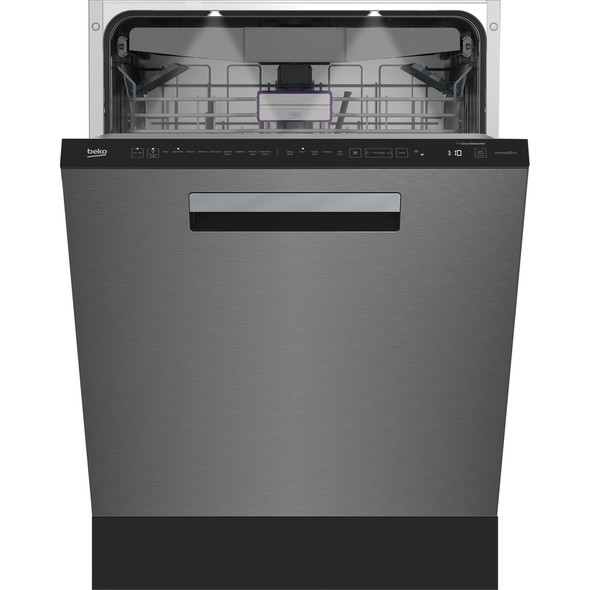 Front view of stainless steel top-control dishwasher with integrated handle