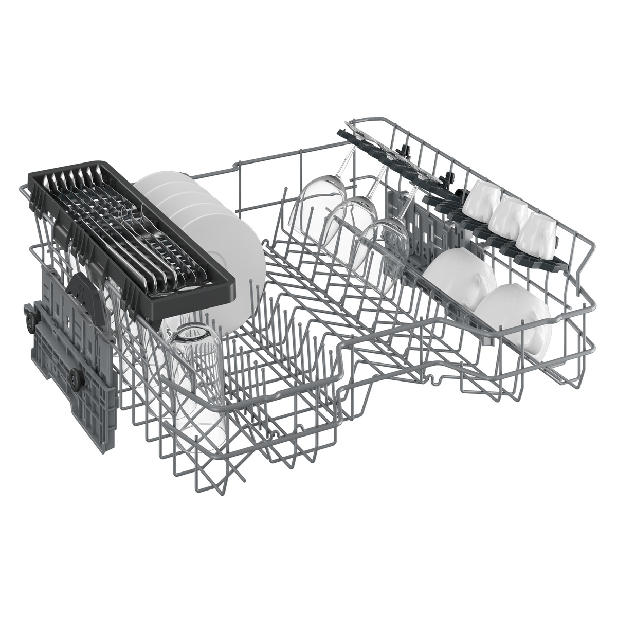 Dishwasher racks loaded with plates, glasses, bowls, and cutlery basket