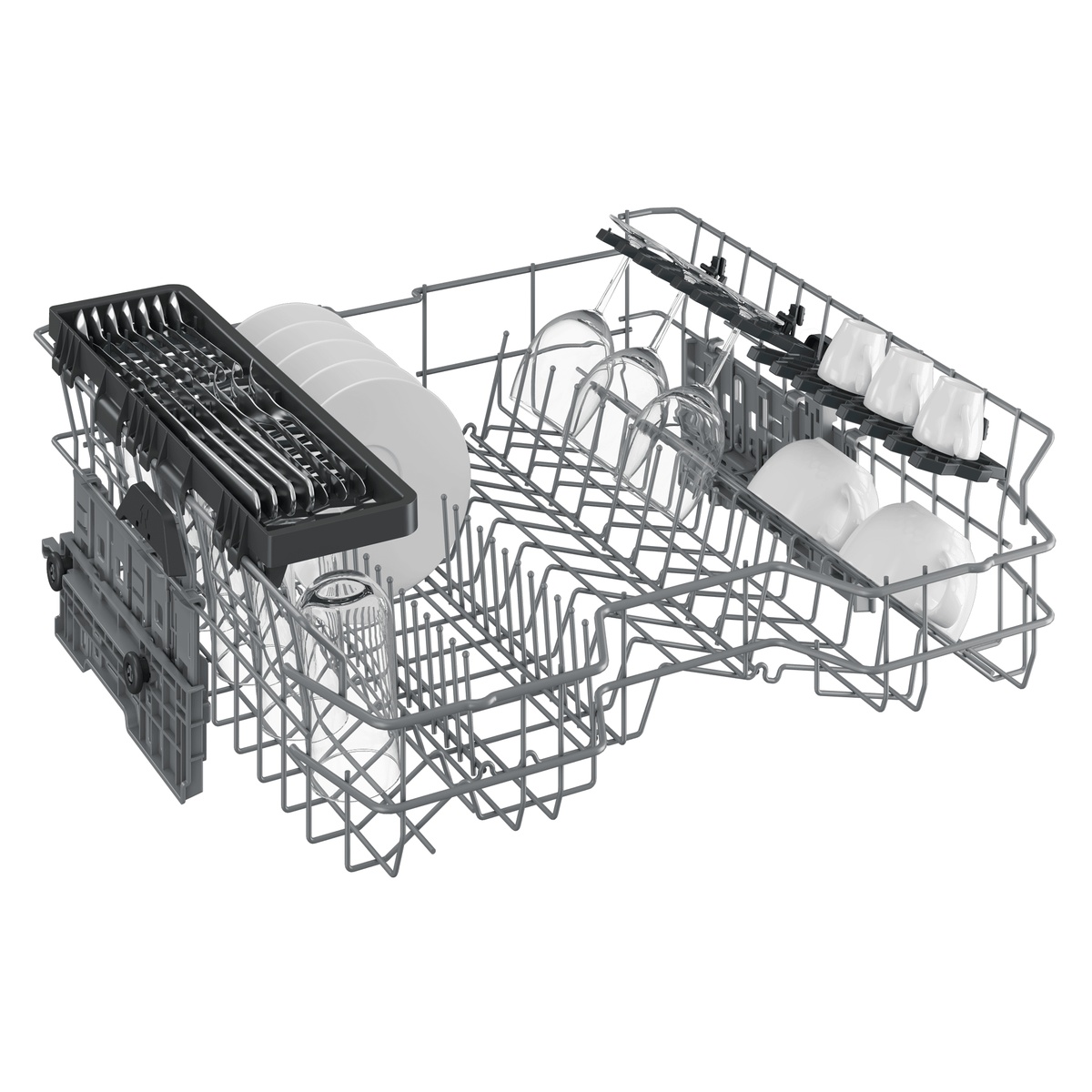 Dishwasher lower rack loaded with plates and a removable cutlery basket