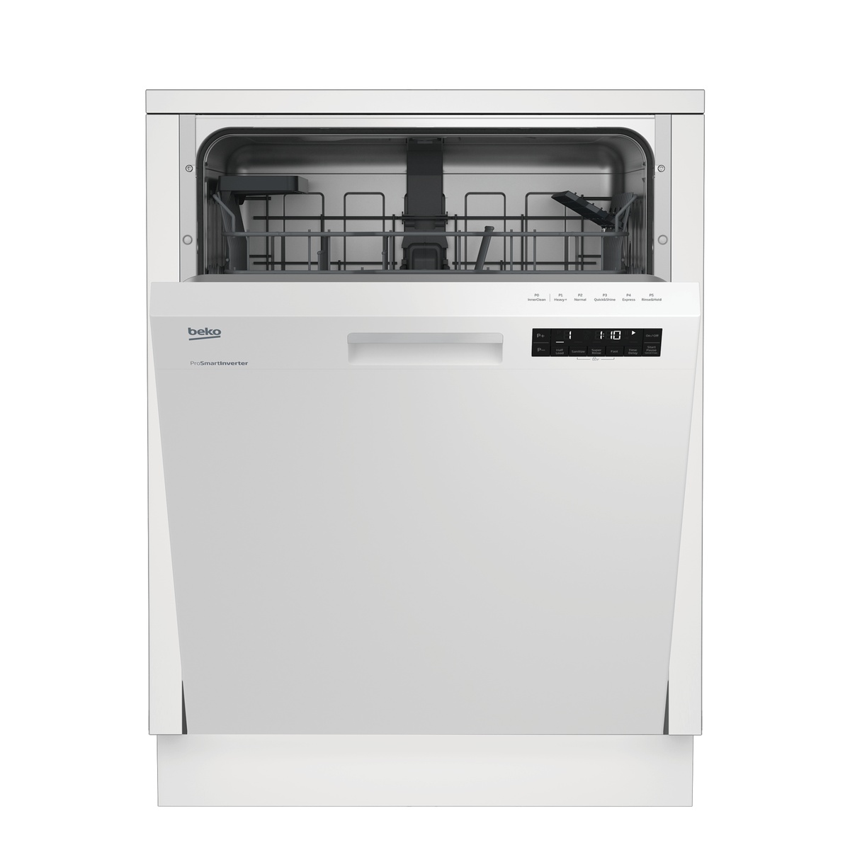 Open dishwasher showing the upper rack and interior