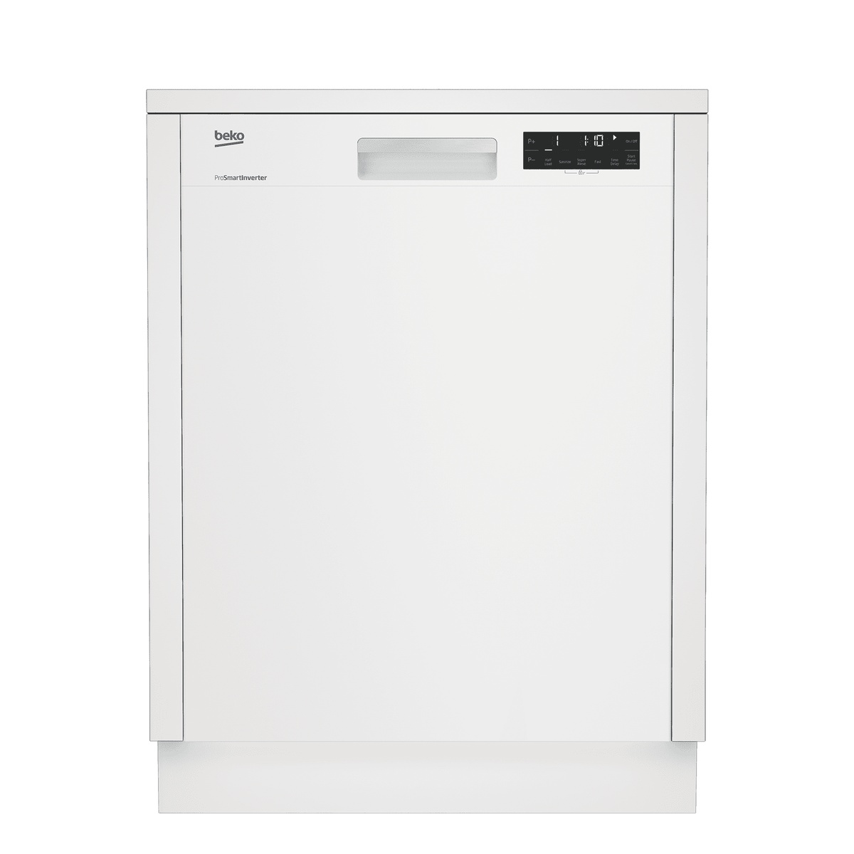 Front view of a white Beko built-in dishwasher with front control panel