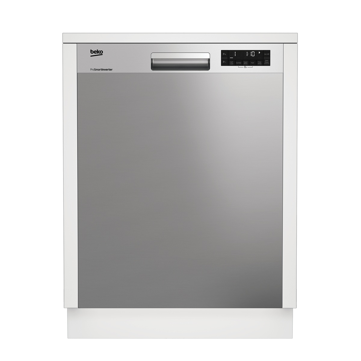 Front view of stainless steel Beko dishwasher with front control panel