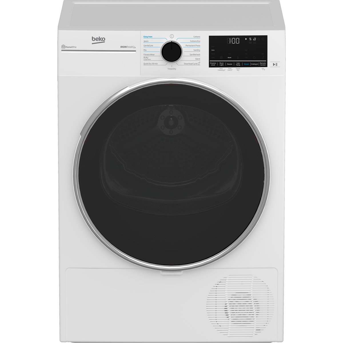 Front view of a white Beko ventless heat pump dryer with dial and digital display
