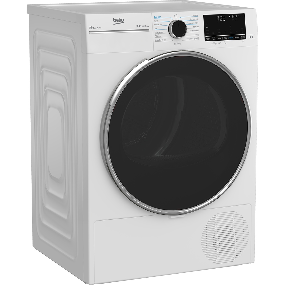 Angled view of the white Beko front-load dryer showing the large round door