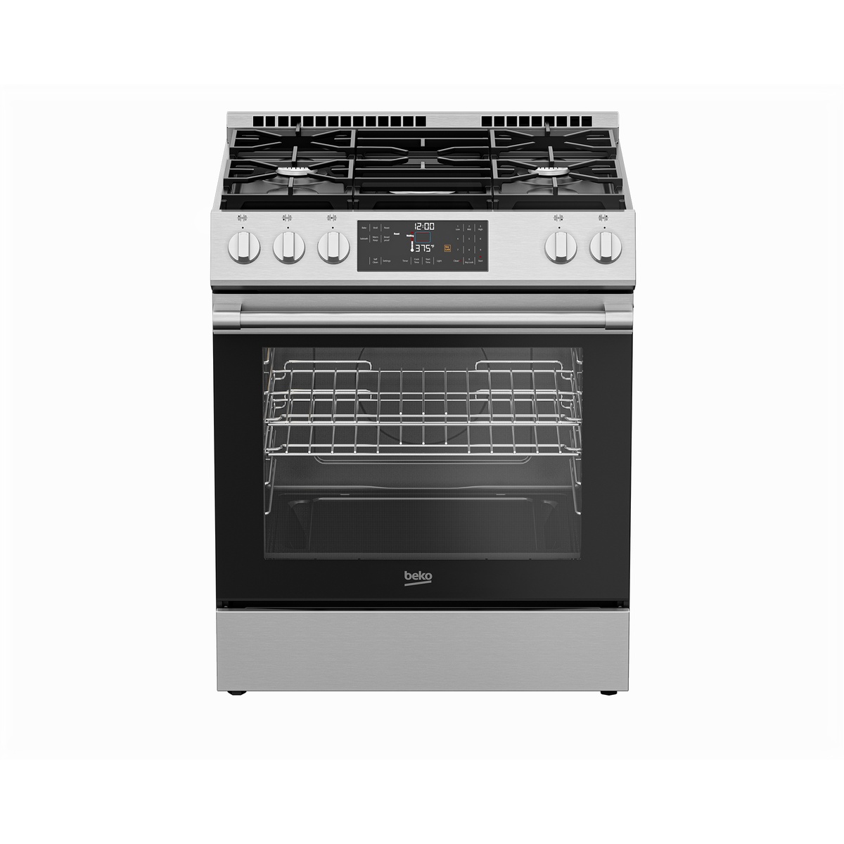 Front view of stainless steel Beko slide-in gas range with oven window and racks