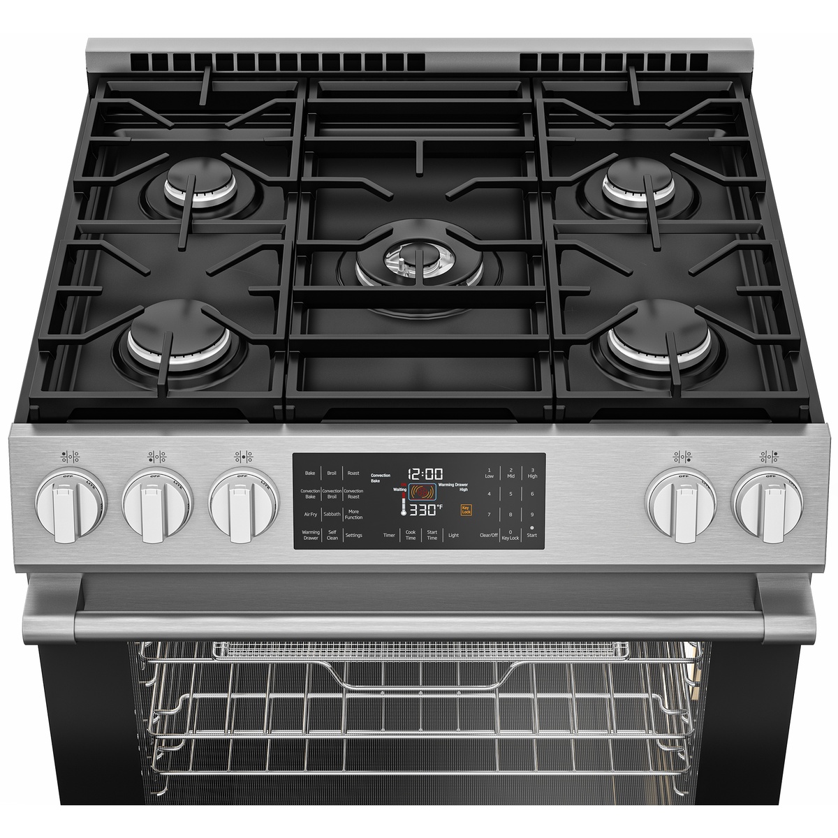 Top view of the gas cooktop with five burners and cast-iron grates