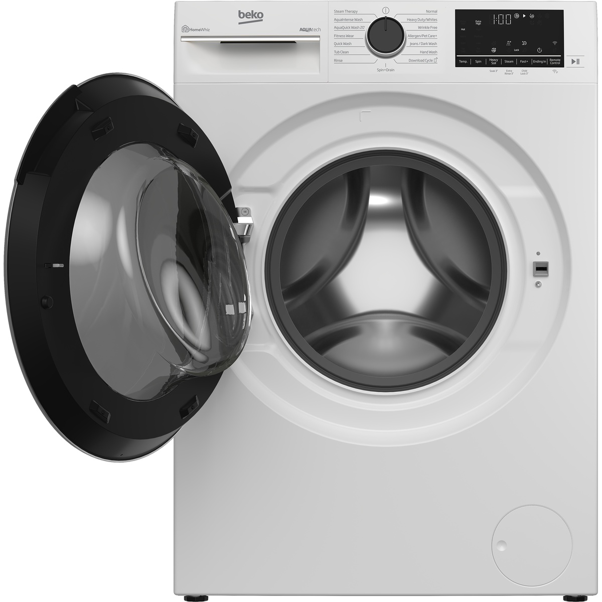 Washer with the door open showing the stainless steel drum