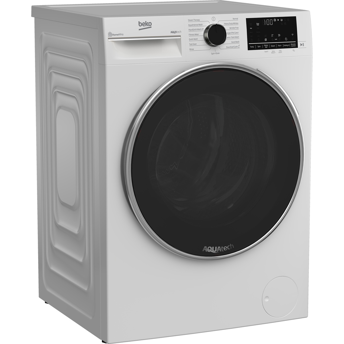 Angled view of a white Beko front-load washer