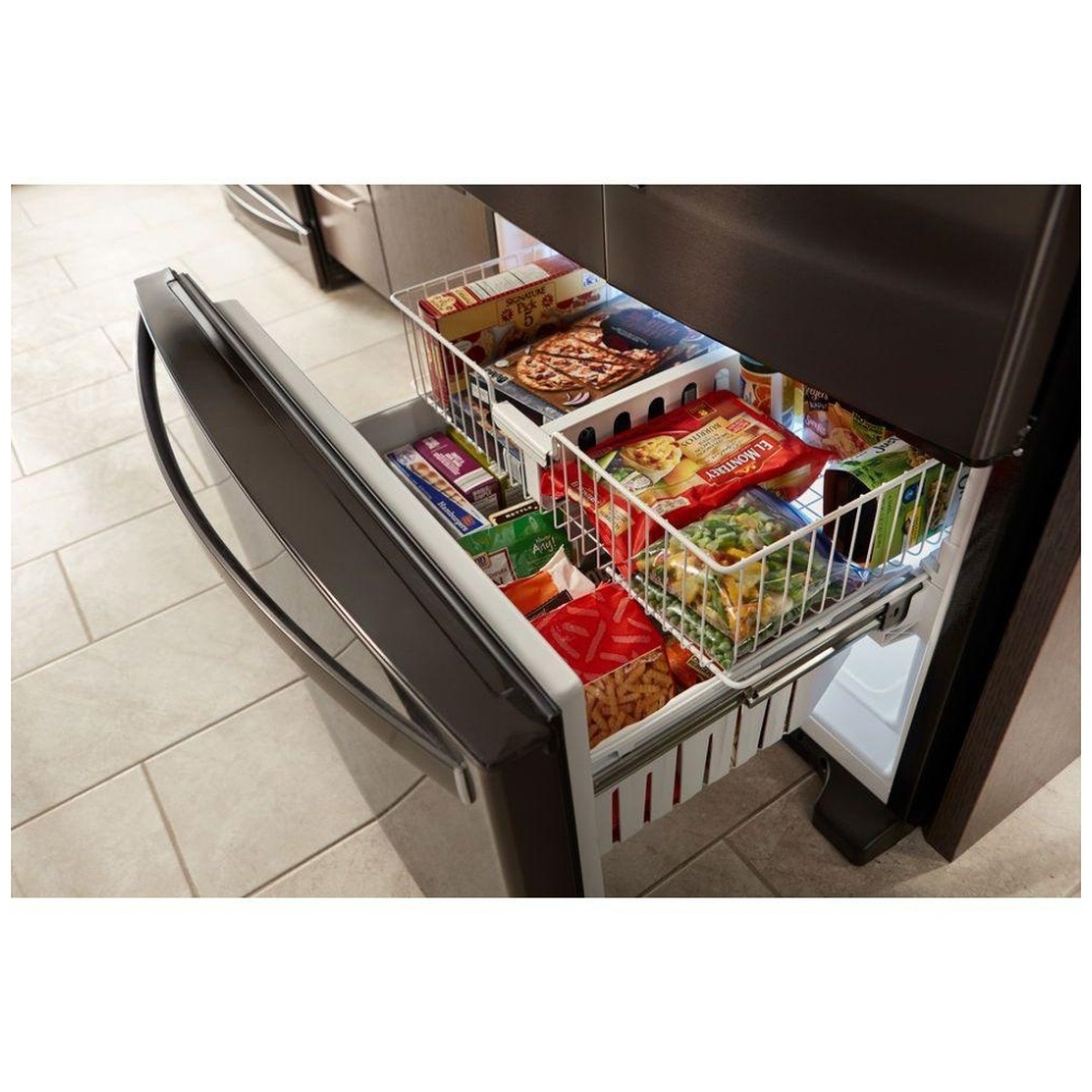 Pull-out freezer drawer with wire baskets