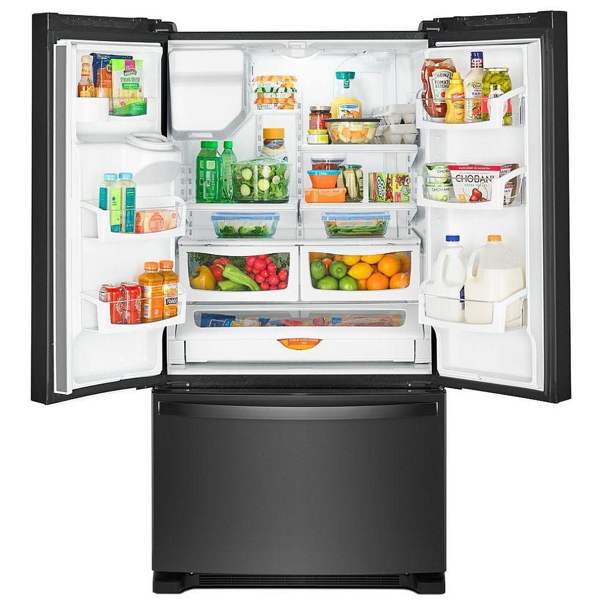 Refrigerator interior with shelves, door bins, and produce drawers