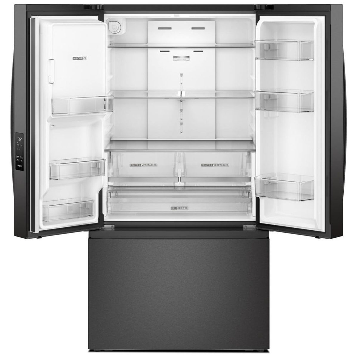Refrigerator interior with glass shelves, crisper drawers, and door bins