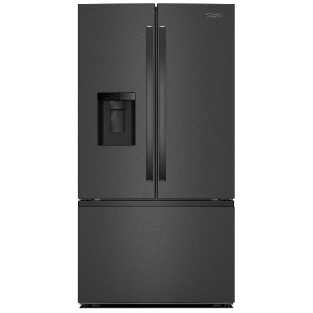 Front view of black stainless French door refrigerator with exterior dispenser